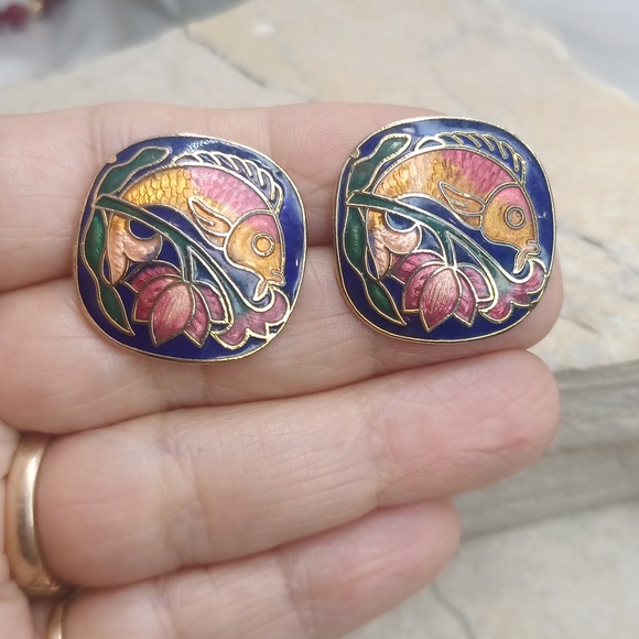 Vintage Cloisonne Enamel Earrings Fish and Tulip Square - Picture 5 of 5